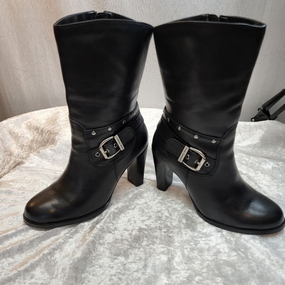 HARLEY-DAVIDSON Estelle Studded Buckle Black Leather Heeled Dress Boot 8 Nice!